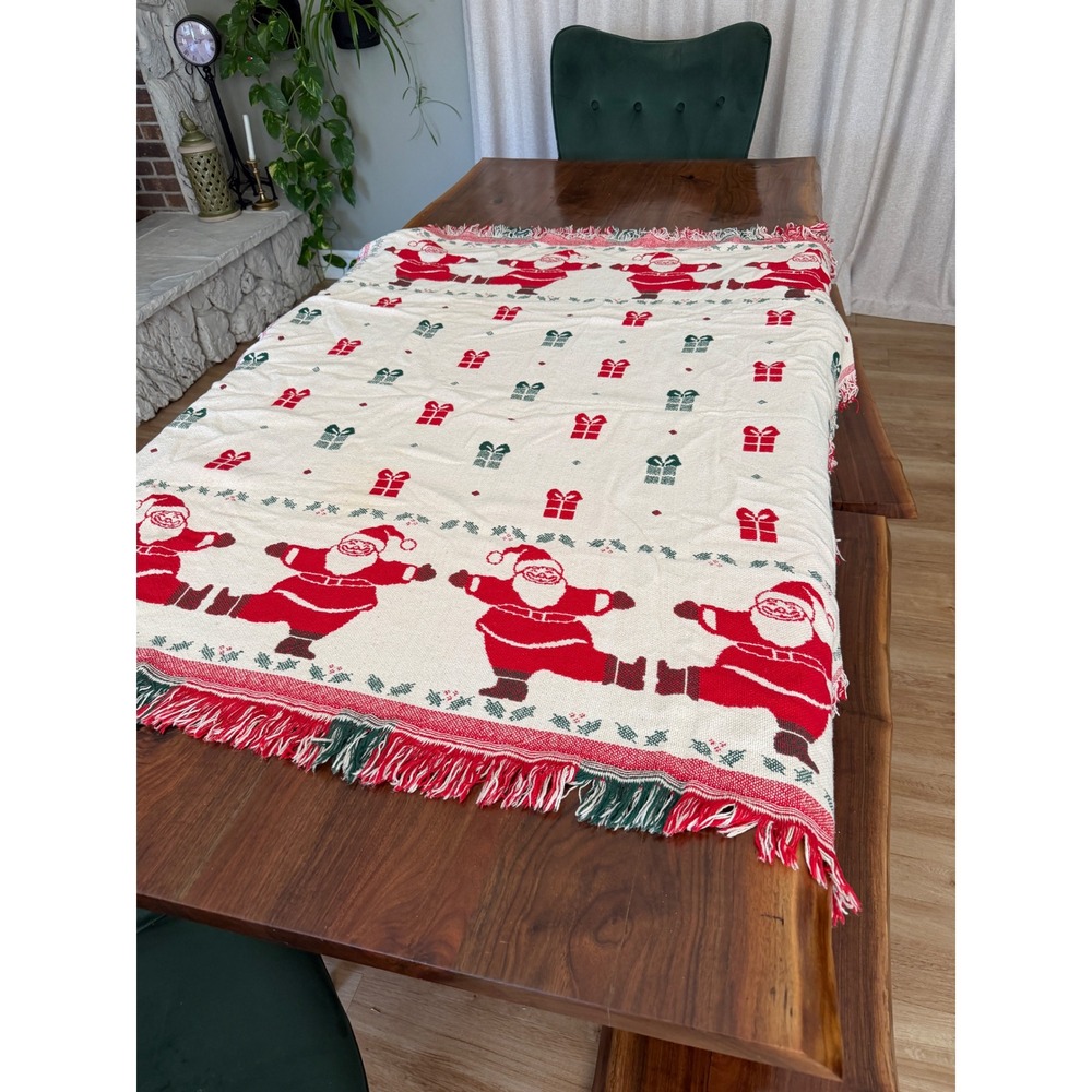 Vintage Christmas Woven Tapestry Throw Blanket Santa Claus Reversible 60x48